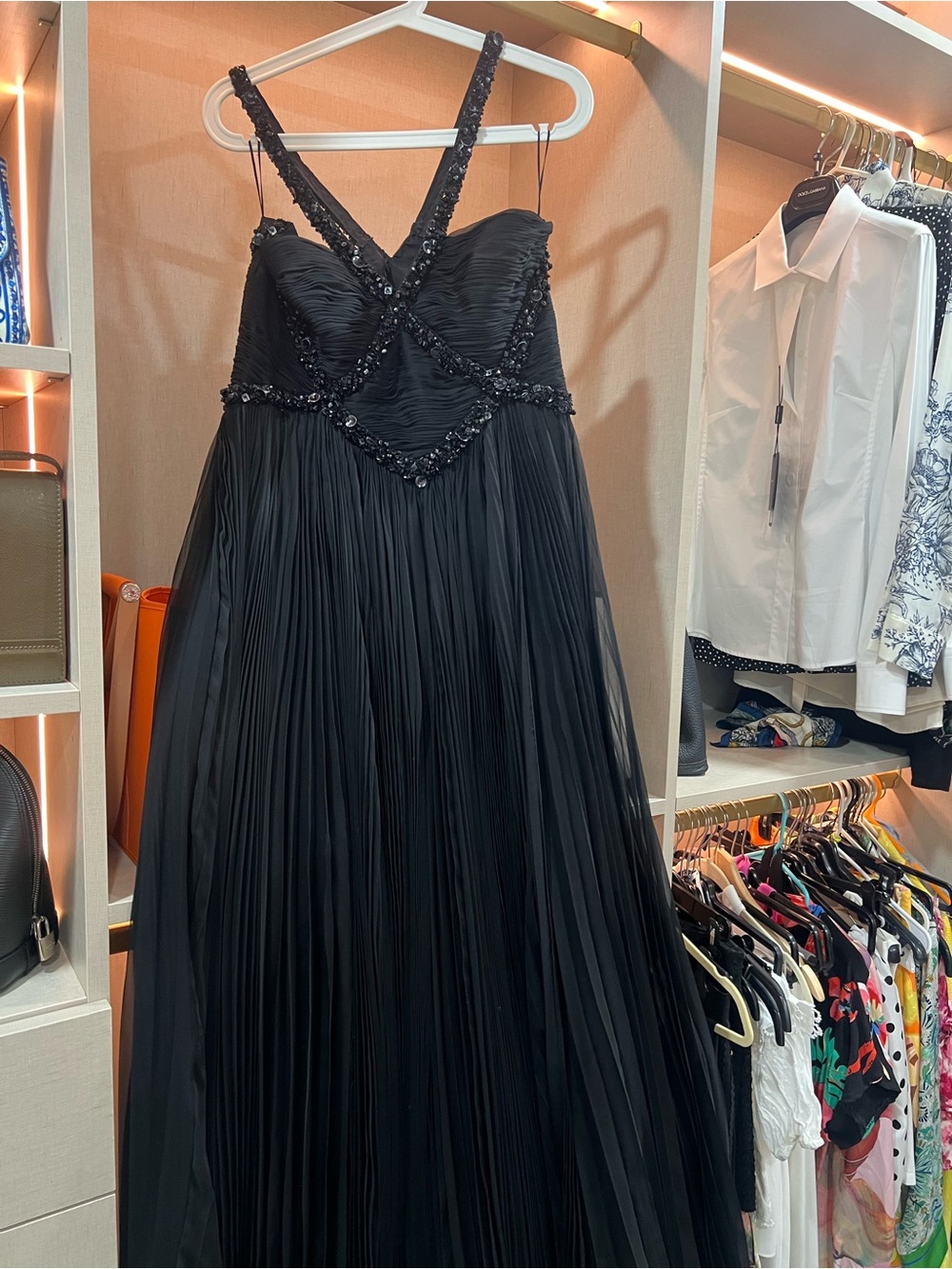 Valentino Black Beaded Plunge Pleated Gown